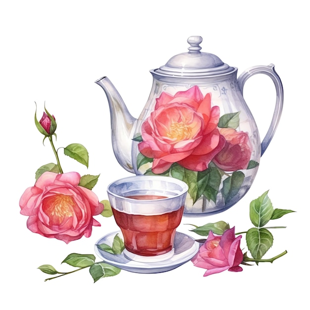 Bule de chá de festa de chá e xícara de chá ilustração em aquarela clipart de festa de chá