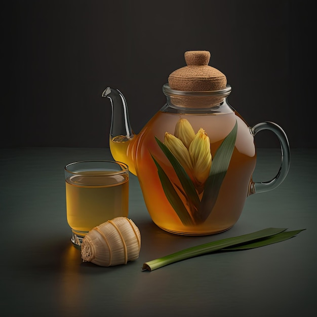 Bule de vidro e xícara contendo capim-limão e chá de gengibre Ilustração AI Generative