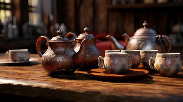 Bule e xícaras de chá com folhas de chá