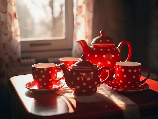 Bules e xícaras vermelhas sobre uma mesa em frente a uma janela
