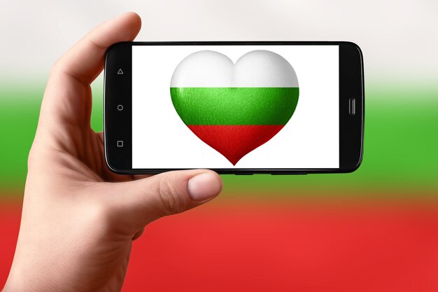 Bulgarien-Flagge in Form eines Herzens auf dem Telefonbildschirm Das Smartphone in der Hand zeigt eine Herzflagge