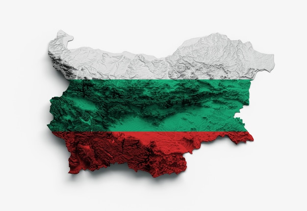 Bulgarien-Karte Bulgarien-Flagge Schattiertes Relief Farbhöhenkarte auf weißem Hintergrund 3D-Darstellung