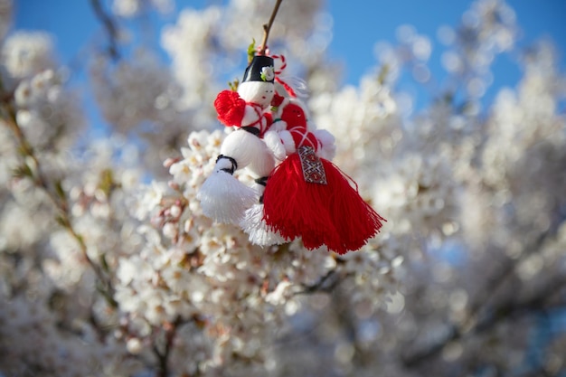 Bulgarisches traditionelles Frühlingsdekor Martenitsa am Feiertag des Blütenbaums Baba Marta