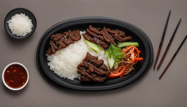 Bulgogi mit Reis auf einem schwarzen Hintergrund koreanisches Essen flach legen