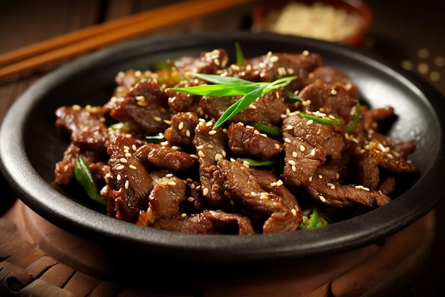 Bulgogi Un plato de carne de res con cebollas verdes y semillas de sésamo