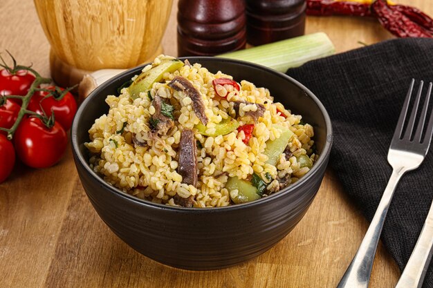 Bulgur con cordero y verduras