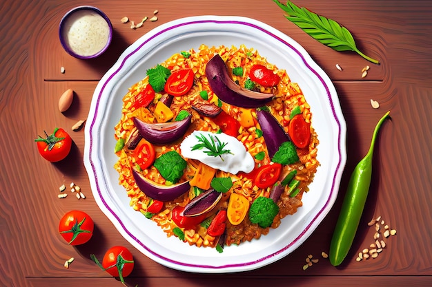 Bulgur guisado con berenjenas zanahorias ajo y cebolla en un bol sobre una toalla de nuevo verduras Generativo Ai