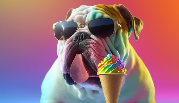 Bull Dog con gafas de sol y comiendo un cono de helado en un fondo colorido IA generativa