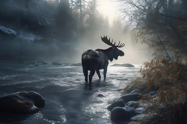 Bull Moose durante a rotina em Wyoming em Atuumn Rede neural gerada por IA