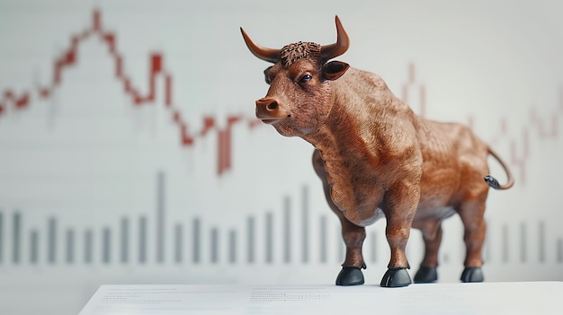 Bull-Spielzeug steht vor einem Börsendiagramm Bull-Markt-Konzept