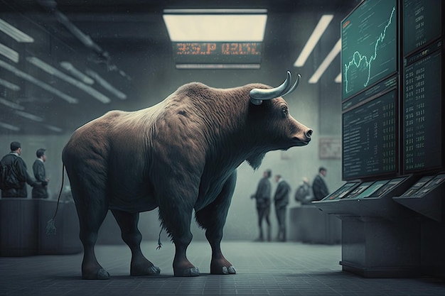 Bull steht vor einem Computermonitor in einem modernen Büro. Generative KI