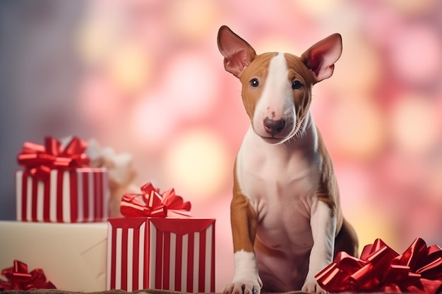 Bull Terrier cachorro se sienta en el medio de la Navidad presenta cintas rojas en el suelo