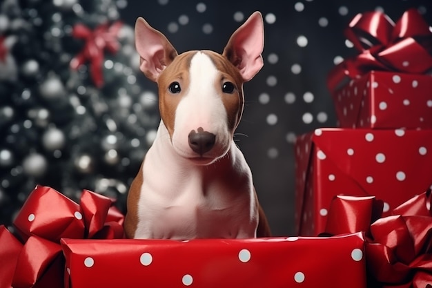 Bull Terrier cachorro se sienta en el medio de la Navidad regalos rojos con puntos de fondo nevado