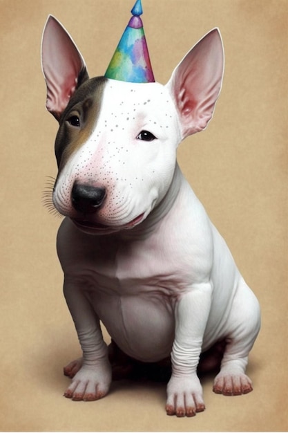 Un bull terrier con un cuerno de arcoíris en la cabeza