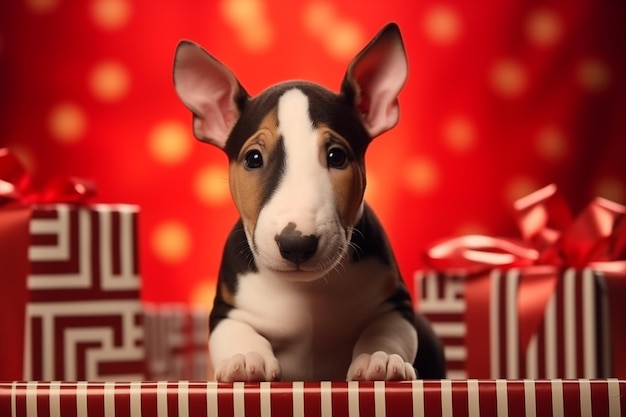 Foto bull terrier-hündchen lehnt sich an den weihnachtsgeschenken auf rotem hintergrund