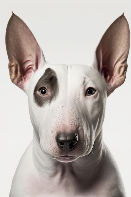 Un bull terrier con una mancha negra en el ojo