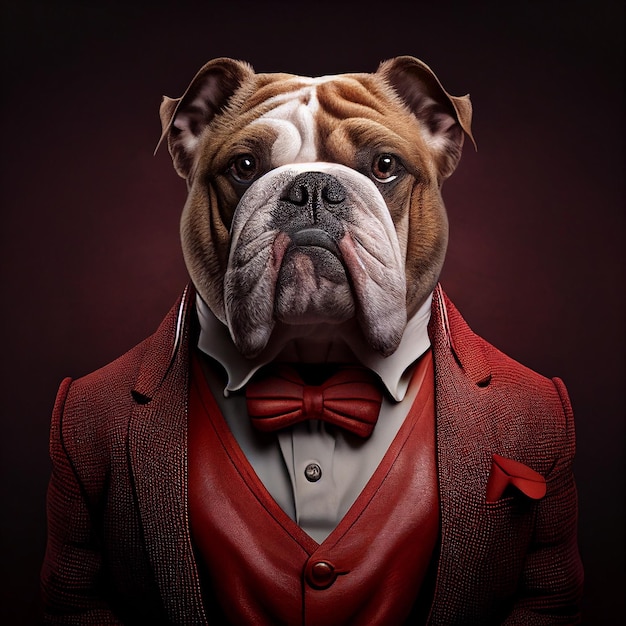 Bulldog cachorro de cachorro em elegante terno formal e camisa jantar vestir vermelho escritório corporativo