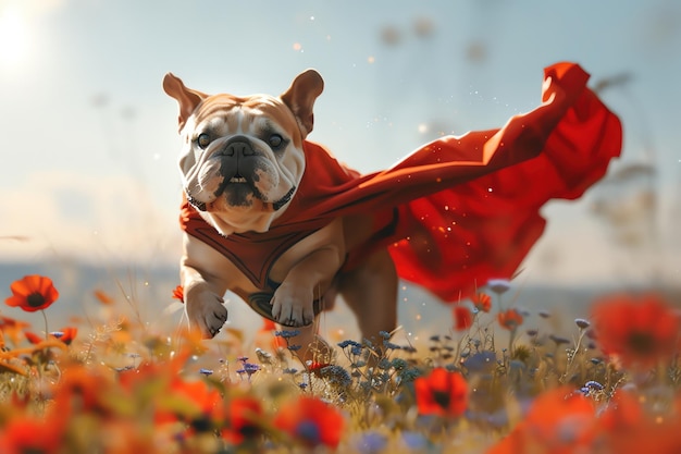 Un bulldog con una capa de disfraz de superhéroe ondulando mientras corre a través de un campo de flores silvestres