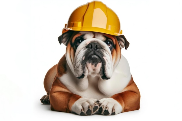 Bulldog con un casco de construcción amarillo aislado sobre un fondo blanco sólido