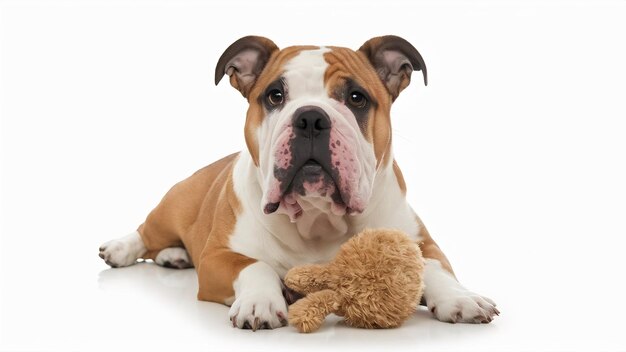 Bulldog com brinquedo de animal de estimação em fundo branco