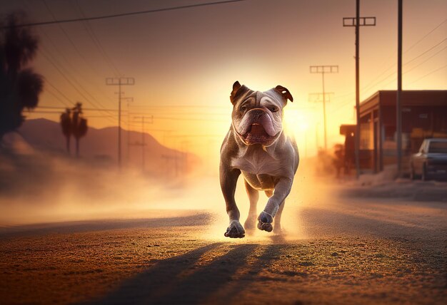 Bulldog correndo na rua empoeirada na bela ilustração do sol Ai generative