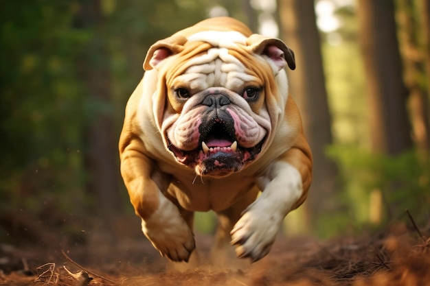 Bulldog corriendo en un bosque IA generativa