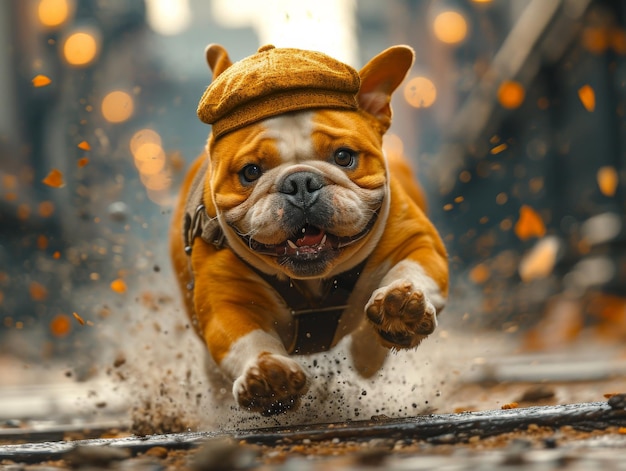 Bulldog corriendo bajo la lluvia