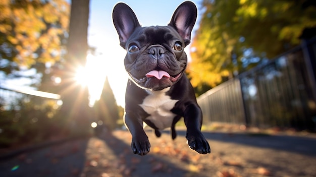 Un bulldog corriendo y saltando