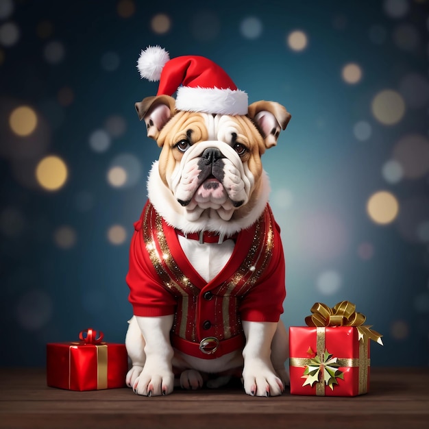 Bulldog de cuerpo entero disfrazado de Navidad sobre fondo bokeh diseño de espacio de pancarta perfecto