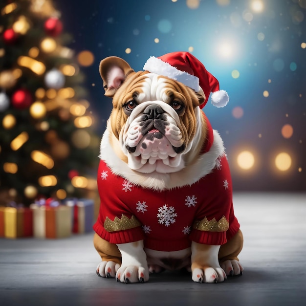 Bulldog de corpo inteiro em fantasia de Natal em fundo bokeh design de espaço de banner perfeito