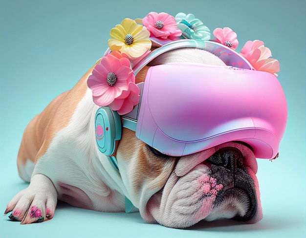 Bulldog elegante usando fone de ouvido VR no estilo fada kei
