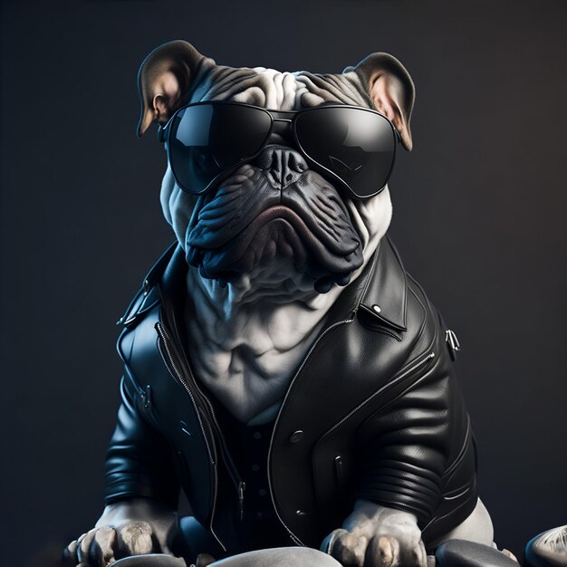 Bulldog em jaqueta de couro