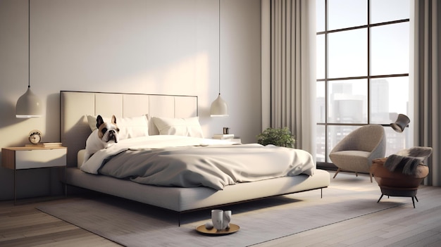 Bulldog está tendido en la cama en una habitación de hotel con un interior contemporáneo