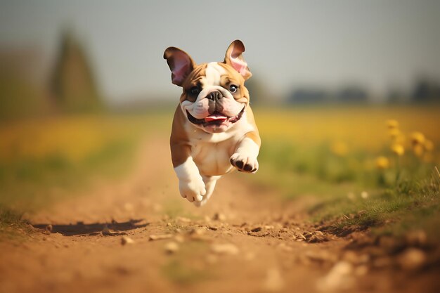 Foto bulldog fofo a brincar ao ar livre e a copiar espaço