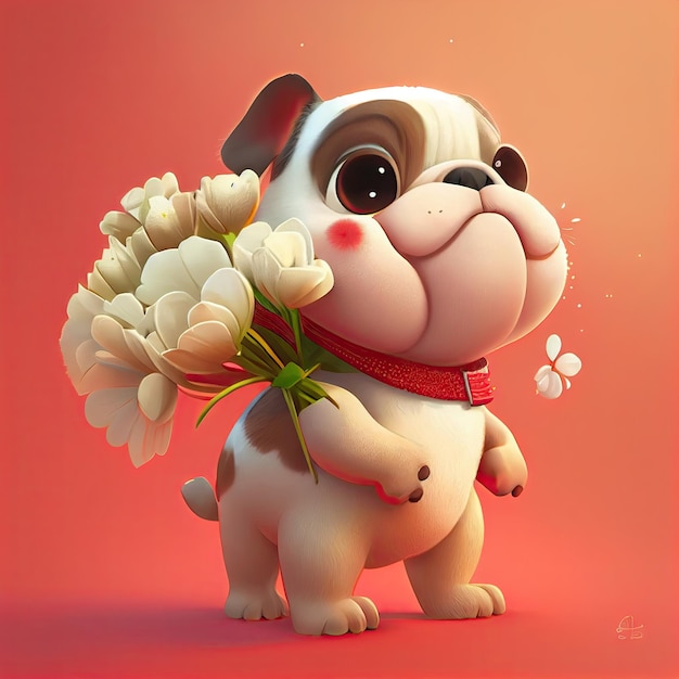 Bulldog fofo sorridente segurando buquê em flor colorida isolar fundo quente