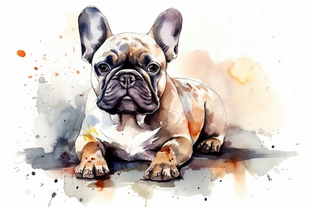 Bulldog francês adorável cachorrinho ilustração em aquarela com manchas de cor todas as raças de cães