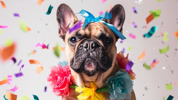 Foto bulldog francés adornado con una colorida corona de flores alrededor de su cuello con una cinta azul en la cabeza