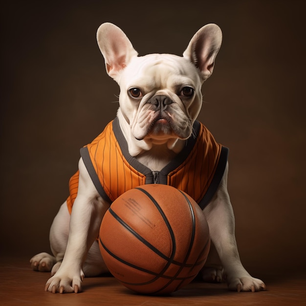 Foto un bulldog francés blanco jugando al baloncesto