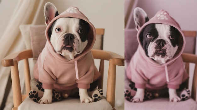 Bulldog francés blanco y negro con capucha rosa mira a la cámara mientras está sentado solo en la silla con mascotas