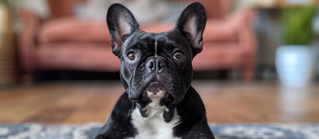 Bulldog francés blanco y negro sentado en una alfombra