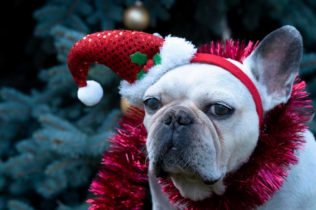 Bulldog francés blanco con un sombrero rojo de Navidad se sienta cerca del árbol de Navidad