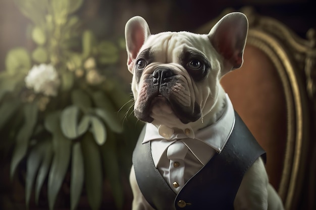 Foto un bulldog francés con chaleco y camisa sentado en una silla en el interior junto a una planta con flores