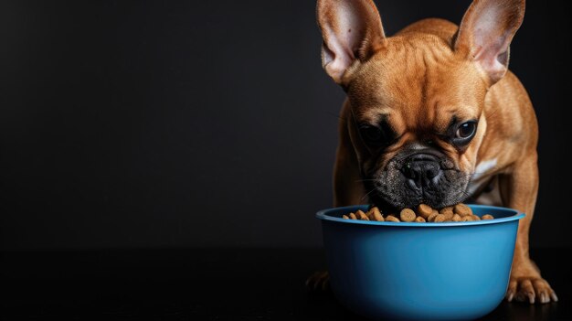 Bulldog francês comendo comida de cachorro de uma tigela em um fundo preto