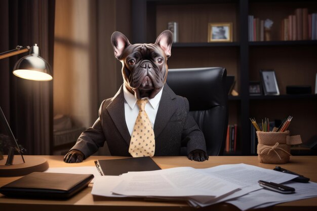 Foto bulldog francês como um chefe sentado atrás de uma mesa no estilo de animais antropomórficos ia generativa