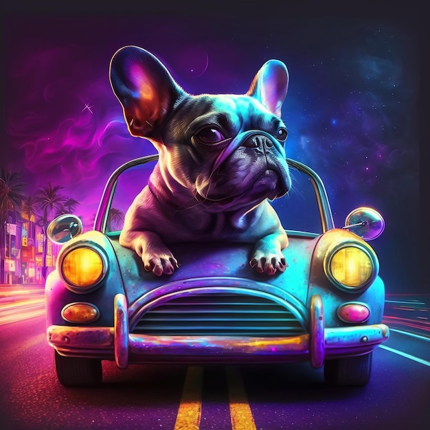 Bulldog francés conduciendo un coche antiguo en una carretera vacía con colores vibrantes y luces de neón