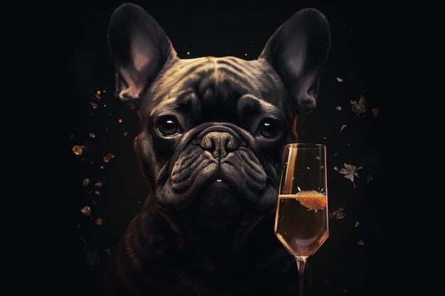 Bulldog francés con una copa de champán en un ai oscuro backgroundgenerative