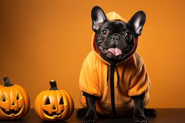 Bulldog francés con disfraz de calabaza, fondo sólido, Halloween, IA generativa.