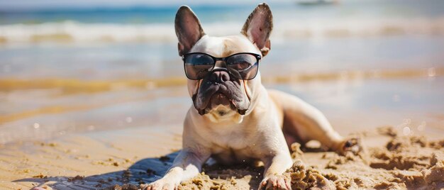 Foto bulldog francés disfrutando en la arena en el océano mientras usa gafas de sol