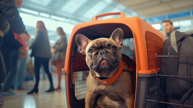Bulldog francês em uma gaiola à espera do transporte de passageiros generative ai