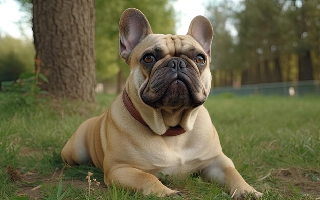 El bulldog francés está sentado en la hierba en el parque.